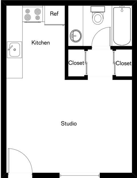 A floor plan of a kitchen and studio apartment.